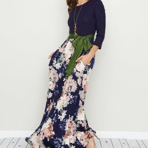 NWT Navy Floral Boho Tie-Waist Maxi Dress silky stretchy